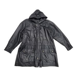 Vintage DANY Direct Action New York Leather Parka Jacket Hooded Coat Black L
